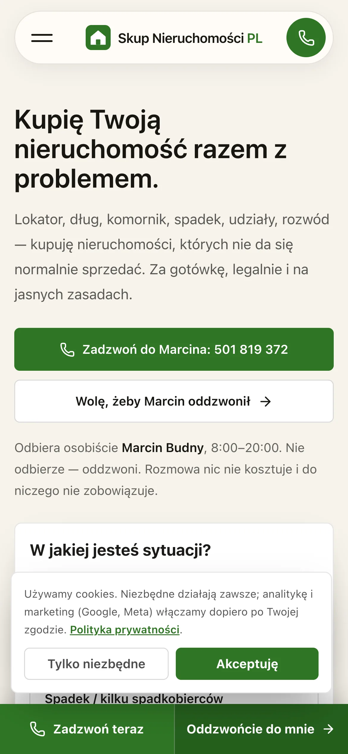 Skup Nieruchomości - widok mobilny